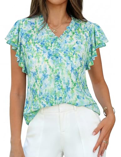 GRACE KARIN 2026 Boho Tops for Women Dressy Casual,Ruffle Sleeve Chiffon Blouses,V Neck Summer Fashion Clothes Green M