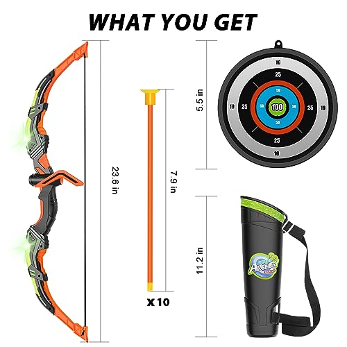 KIZJORYA Pfeil und Bogen Set, LED Licht Bogenschießen Spielzeugset zum Spielen im Freien, 10 Saugnapfpfeile, 1 Zielscheibe, 1 Köcher, 1 Bogen, Geschenk für Kinder, Jungen im Alter von 4–6 8–12 Jahren