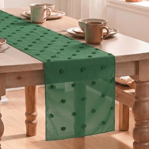 Artoid Mode Forest Green Pom Pom Tulle Table Runner, Seasonal Christmas St.Patrick Washable Kitchen Dining Table Decoration for Home Party Decor 12x72 Inch