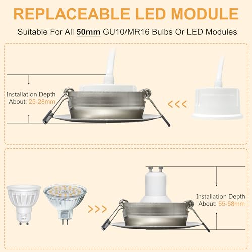 Aulaiyi LED Einbaustrahler 230V Dimmbar 68mm 5.5W IP44 LED Spots Ultra Flach Deckenspots 45° Schwenkbar Einbauleuchten Warmweiß Neutralweiß Kaltweiß Einbauspots für Bad Wohnzimmer, Nickel 6er Set