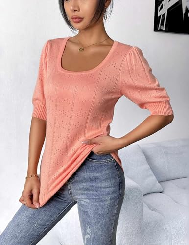 Image of Womens Fashion Short Sleeve Blouses Trendy Square Neck Puff Eyelet Shirts Tops Basic Clothing Orange Pink