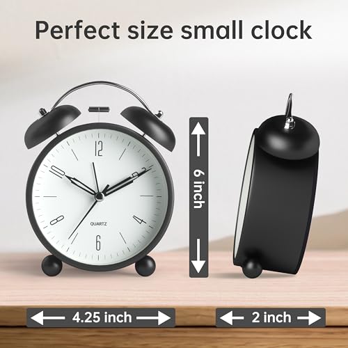 Image of Twin Bell Loud Alarm Analog Alarm Clock, 4 inch Super Silent Non Ticking Small Clock with Night Light, Battery Operated, Simple Design, Old Fashioned, for Heavy Sleeper, Bedroom, Bedside, Desk, Black