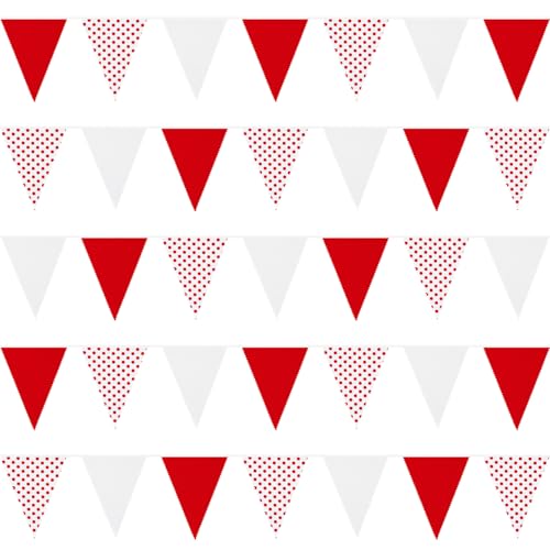 Image of Zwiebeco 39Ft Red White Dot Fabric Bunting Banner Triangle Flags Cotton Garland Pennant for Birthday Wedding Engagement Carnival Party Classroom Nursery Home Outdoor Garden Decorations