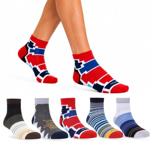 Image of Essentials Unisex Cotton Ankle Socks for Men & Women, Breathable Moisture Wicking Sports Socks, Ultra Soft Summer Athletic Socks, Striped & Geometric Multicolor