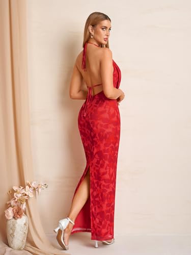 Image of KUTUMAI Women V Neck Long Formal Dress Floral Bodycon Maxi Split Back Dresses Sexy Sequin Evening Cocktail Party Gown