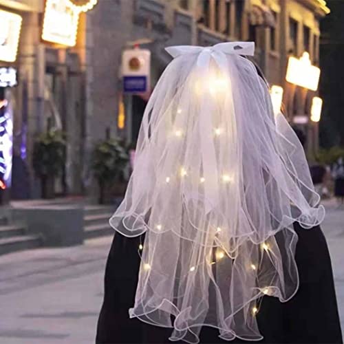 Jonky 2 Tier Led Bride Wedding Veil White Light Up Pencil Edge Bridal Veils With Hair Clip Glowing Party Club Statement Headpieces For Women(Warm) #TOP2