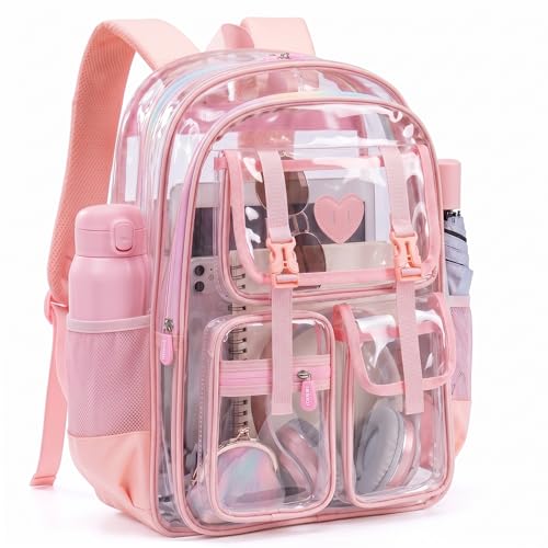 SAIERNA Mochila de geleia transparente à prova d'água 26L, PVC resistente, 8 bolsos, compatível com checkpoint – viagens, trabalho, academia e uso diário (Rosa)