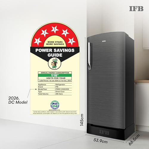 Image of IFB 206L 5 Star Advanced Inverter Direct-Cool Single Door Refrigerator with 30 Hrs Cooling Retention, Big Vegetable Box, 4 Year Super Warranty & Base Stand (2026, IFBDC-232EYOSED, Onyx Grey)