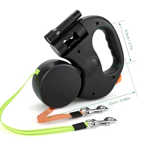 Doppelleine für 2 Hunde - Automatische Hundeleine für 2 Hunde, 360°Verhedderungsfreier Leinenverlängerung Rutschfester Griff Robust Inklusive Beleuchtung Mülleimer Müllsäcken Geeignet für Zwei Hundes