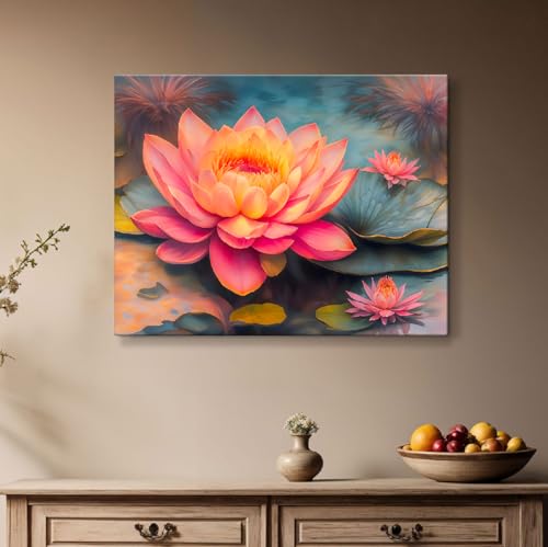 Image of ArtX Canvas Bloomed Lotus Painting For Vastu, Big Size Wall Art, Lotus Painting For Wall Vastu, Wall Decor, Multicolor, Nature, 58.0 X 45.0 cm, Set of 1