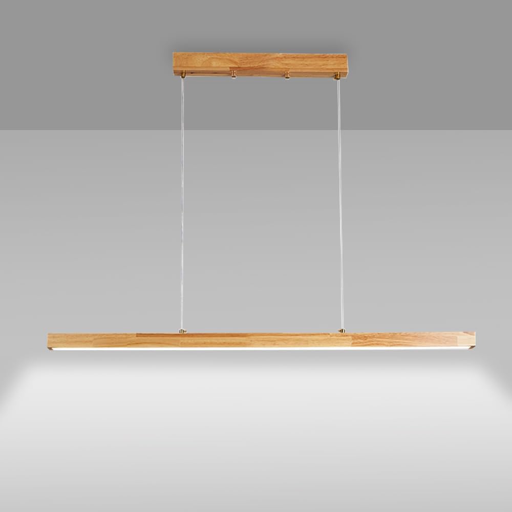 Wood Linear Pendant Light, Chandelier with Remote Control Dimmable 3000k-6000k, Integrated LED Lighting Fixture, Modern Hanging Lamp for Dining Room Kitchen Island