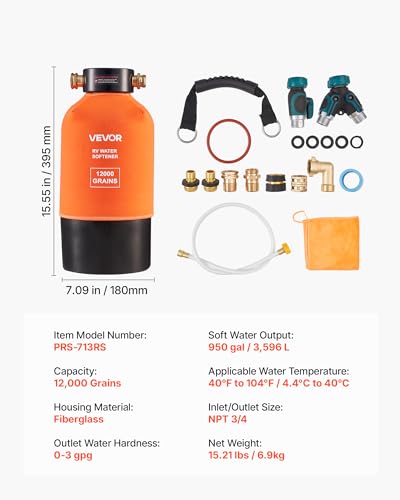 Image of VEVOR RV Water Softener, 12,000 Grain, Portable Water Softener System with NPT 3 /4 inch Fittings, Food-Grade Resin, Quick Connect, Convenient for RVs, Trailers, Boats, Mobile Car Washing, Pressure Washing