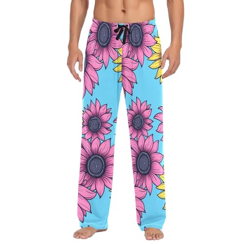 Men's Pajama Bottom Sunflowers Pink Yellow Cotton Pajama Pants Drawstring Sleepwear Long Pants Pockets