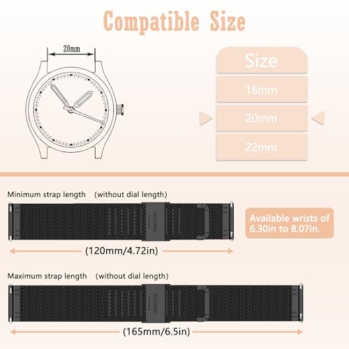 CiimWaa Pasek do zegarka 20 mm, metalowy pasek z siatki ze stali nierdzewnej, zapięcie szybkiego zdejmowania, do smartwatcha Huawei/Samsung/Garmin [20 mm czarny], Grand, Nylon, Bez kamieni