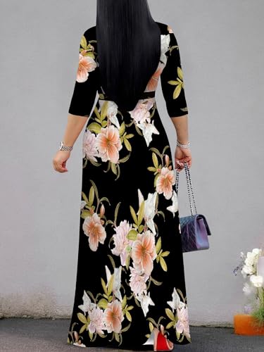 Image of SUZONANA Plus Size Dresses for Women Floral Print Maxi Dress Flowy 3 /4 Sleeve with Belt