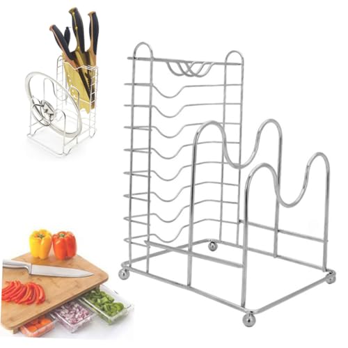 KICHOUSE Household Stainless Steel Cookware Rack Multi Functional Organizer for Pot Lids Cutting Boards Knives Space Saving Design for Kitchen Cabinets Counters