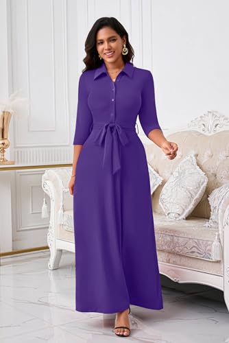 Image of Runwind Women Church Maxi Dresses 3 /4 Sleeve Button Down Print Casual Office Dress African
