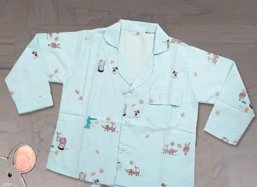 Image of MINIMATES Unisex Kids Cotton All Over Printed Night Suit Sleepwear Top & Pyjama Set Full Sleeve with Pockets for Girls & Boys with Buttons /Sleepwear for Girls /Night Dresses