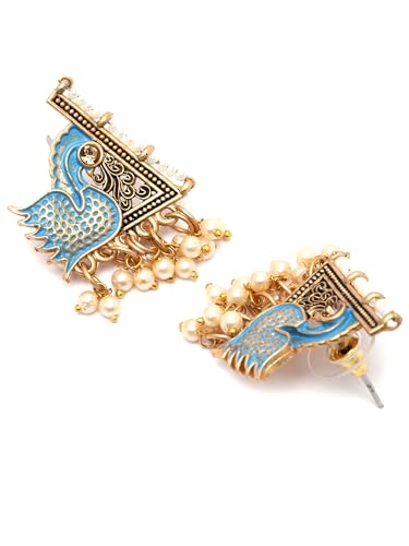 Image of Karatcart Silver Tone Diamond Shape Pink and Blue Carved Stone Studded Drop Earrings for Women
