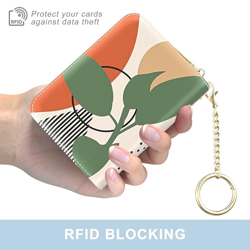 Image of Aiawoxc Credit Card Holder, Small RFID Wallet Slim Leather Card Organizer Case with Zipper and Wristlet Strap, Tropical Plants