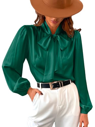 CUPSHE Satin Shirt Top for Women Bow Tie Long Sleeve Shiny High Neck Work Casual Blouses, Green, S