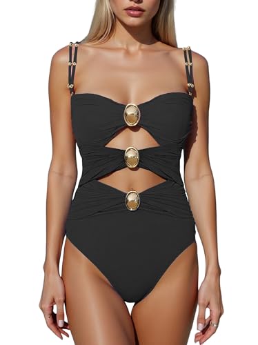 SherryDC Women's Cutout One Piece Swimsuit Bandeau Ruched Color Block High Waisted Bathing Suit with Removable Straps2