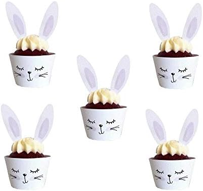 Easter Bunny Cupcake Wrappers and Toppers 24 Piece Decorations Kit for Birthday Party Supplies Easter Rabbit Egg Themed Baby Shower