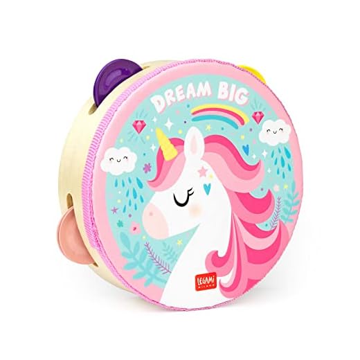 Legami - Pandereta Infantil 4 Sonajeros Mejora la Coordinación, Capacidad Motora, Sentido del Ritmo, Ø 14,5 cm, Tema Unicorn