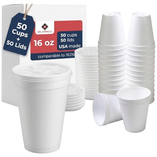 16 OZ Foam Cups With Lids for Hot & Cold Drinks USA-Made 50-Pack.Ideal Styrofoam Coffee Cups Insulating To-Go Cups for Soda Tea Juice - Sturdy Disposable & comparable to Industry standard 16J16