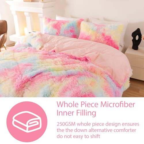 Image of Faux Fur Fluffy King Comforter Set Plush Shaggy Furry Bedding Set - Soft Warm Rainbow Tie Dye Quilt Set, 3 Pieces (Rainbow, King)