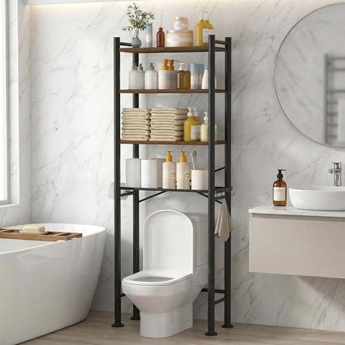 GloTika 4-Tier Over Toilet Storage with Anti-Tilt Safety System - 150lb Total Capacity Metal Bathroom Shelves Including Paper Holder & 4 Hooks, Space