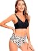 Tofern Damen Bikini Set Criss Cross Bademode Zweiteiliger Badeanzug V Ausschnitt Einfarbig Top mit Tropical Print Unter, Strand Swimsuit