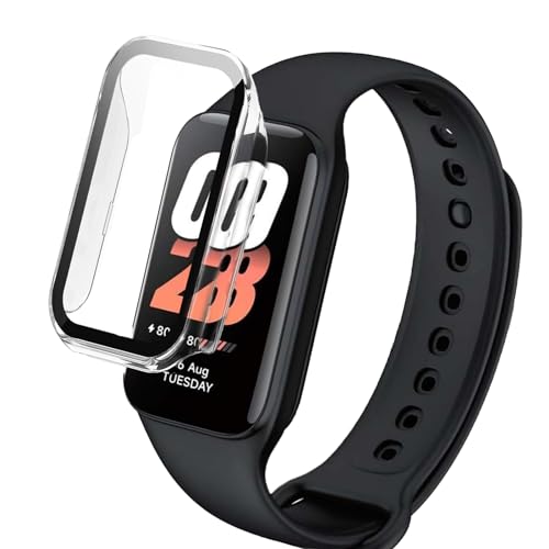 For Xiaomi Band 8 Active �ی�J�o�[ �yBAOLINTX�z �S�ʕی� PC�t���[��+�����K���X�t�B���� ��̌^ �����ߗ� 9H�d�x �Ռ��z�� �[�d�Ή� ���^ �E���ȒP (�N���A)