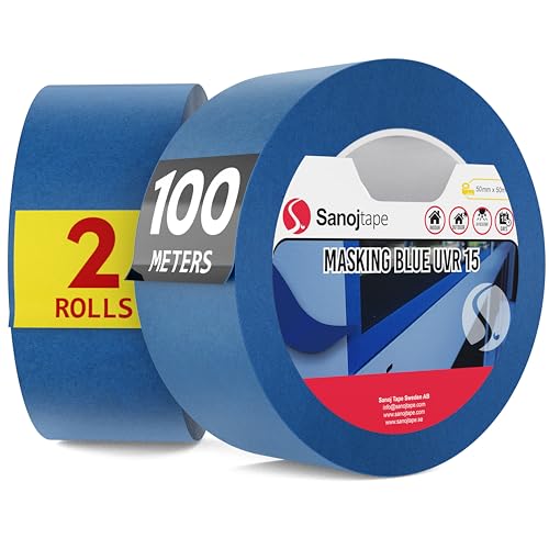 Sanojtape Ruban de Masquage de Peinture Multi-Surfaces Bleu 50mm x 50m (Lot de 2) Papier Masking Tape Résistant aux UV