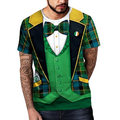 Image of Eciodci Men's St Patricks Day T-Shirts Novelty 3D Printed Shamrock Tuxedo Tees Shirt Clover Leaves Casual Short Sleeve Shirts