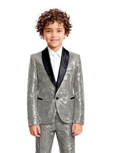 CUCUSISI Silver Boys Sequins 2 Piece Suit Boy Fashion Suits Sequin Pageant Formal Tuxedo Prom Party Dance Performance Size 5
