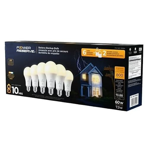 Globes Power Reserve Battery Backup Bulb, 6 Pack + 2 Portable Sockets