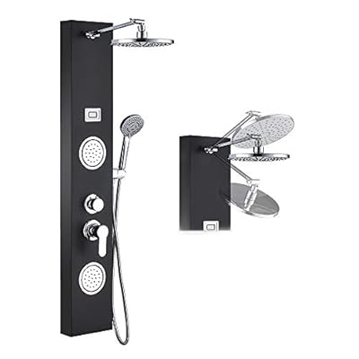 ROVOGO Stainless Steel Rainfall Shower Panel Tower System, 9-inch Overhead Shower + 2 Body Massage Sprays + 3-Mode Handheld, Multi-Function Shower Column with Temperature Display, Black