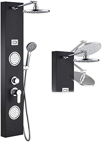 ROVOGO Stainless Steel Rainfall Shower Panel Tower System, 9-inch Overhead Shower + 2 Body Massage Sprays + 3-Mode Handheld, Multi-Function Shower Column with Temperature Display, Black