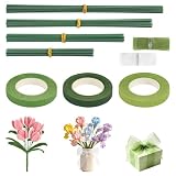 HURODZ 120 Stück Blumendraht Grün Set Floristikdraht mit 3 Floristenband & 2 Satinbändern, Blumendraht Stäbe Draht Grün Steckdraht Floristik für Bouquet Blumensträuße Blumenarrangements DIY Basteln