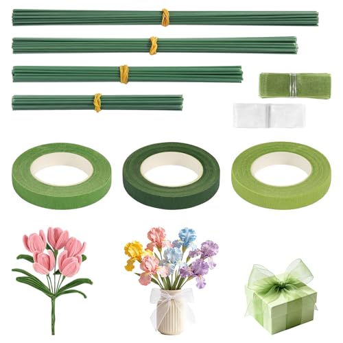 HURODZ 120 Stück Blumendraht Grün Set Floristikdraht mit 3 Floristenband & 2 Satinbändern Blumendraht Stäbe Draht Grün Steckdraht Floristik für Bouquet Blumensträuße Blumenarrangements DIY Basteln