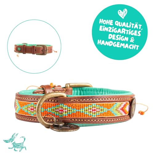 Dog with a Mission - Hundehalsband S | Farbenfroh Orange, Türkis | Perlen | Boho, Ethno, Ibiza, Hippie | Mittelgroße Hunde | Handgemacht | Modisch und Bunt | Aus weichem Echtes Leder | 2,5 cm Breit