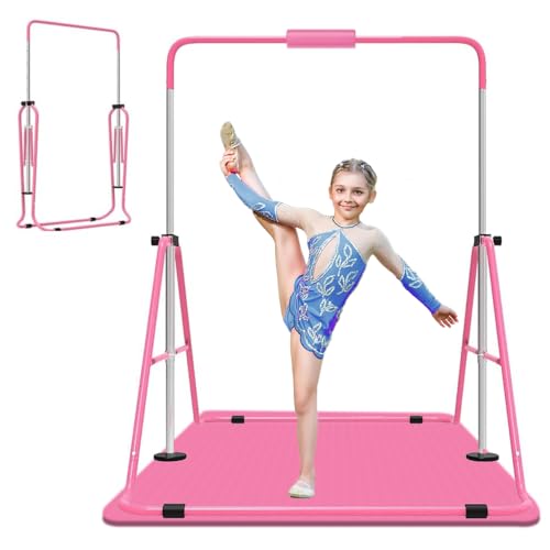 Jivifao Gymnastics Bar for Kids, Adjustable Height Gymnastic Horizontal Bars with Mat, Folding Gymnastic Training Monkey Bars, Junior Expandable Training Kip Bar for Home