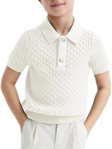 Image of Haloumoning Boys Cable Knit Polo Shirt Sweater Kids Short Sleeve Fashion Pullover T-Shirts Clothes 5-14 Years