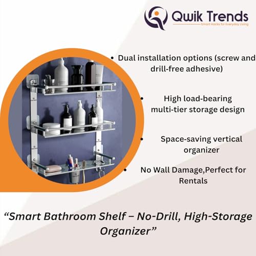 Image of Bathroom Organizer Without Drill - Corner, Shelves, Rack, Shelf, Storage, wall, Racks and Adhesive, Mounted, self Holder, soap, Stand Bathroom Accessories (Three Layer (6 in 1))