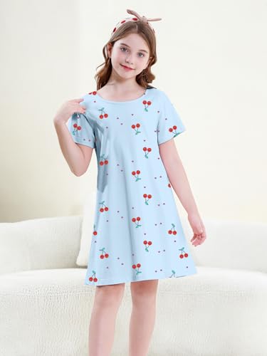 QZH.DUAO Girls Nightgowns Softness Summer Nightdress Cotton Sleepshirts Breathable Sleepwear, Blue & Cherry, 11-12 Years = Tag 1604