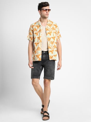 Image of Dennis Lingo Men's Rayon White Printed Relaxed Fit Cuban Collar Half Sleeve Casual Shirt