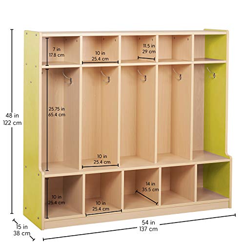 Colorful Essentials 5-Section Laminate Coat Locker with Bench, Shoe Storage Cubbies, Hooks for Backpacks and Hats; Children's Furniture for Classroom, Preschool, Daycare, Home Learning - Maple/Yellow - Thumbnail 4