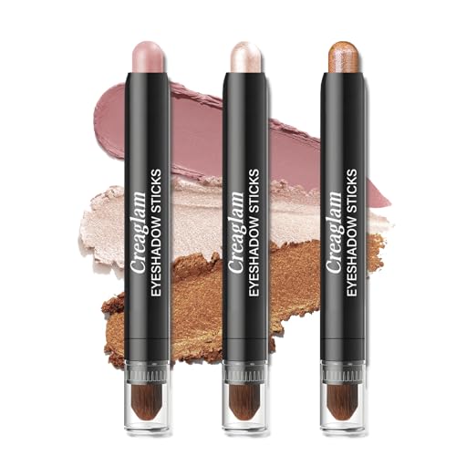 Creaglam Eyeshadow Stick 3Pcs Set, Waterproof & Crease-Proof, Easy Blendable Makeup Pencil for Beginners, Color Includes Matte Dusty Pink & Shimmer Peach & Fenugreek, 1.9g Each Stick