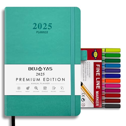 Agenda 2025, BELIAYAS Agendas Dia por Pagina, Funda Blanda de Cuero PU, Planificador Semanal 12 Meses con 12 Colores Rotulador Punta Fina(0.4mm), para Escolar/Trabajo, A5, 201 Páginas, Verde